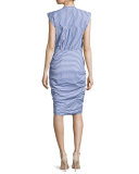 Sleeveless Ruched Striped Shirtdress, Blue/White