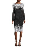 Long-Sleeve Floral Point d'Esprit Sheath Dress, Black/White