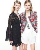 Long-Sleeve Lace Zip-Front Mini Dress, Black