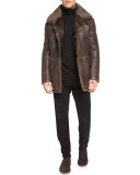 Leather Shearling-Lined Coat, Brown