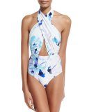 Cabana Cross-Halter One-Piece Swimsuit, White Colombia Floral