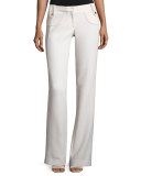 Button-Tab Slim Flared Trousers, White