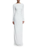 Ruched Long-Sleeve Column Gown, Ecru
