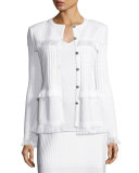 Illusion Grid Knit Jewel-Neck Jacket, White