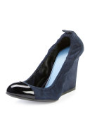 Nubuck Cap-Toe Wedge Pump, Dark Blue/Black