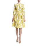 Floral 3/4-Sleeve Fit-&-Flare Dress, Lemon Daisy