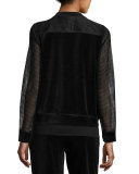 Kimmy Zip-Front Velour Bomber Jacket, Black