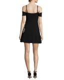 Larkin Cold-Shoulder Embroidered A-Line Mini Dress, Black/White