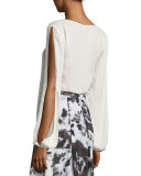 Slit-Sleeve Tie-Front Silk Blouse, Alabaster