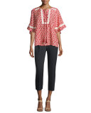 short-sleeve ikat-print crochet-trim top, red chestnut/multi