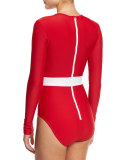 UPF 50 Long-Sleeve Waist-Stripe One-Piece Swimsuit