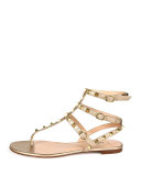 Rockstud Metallic Leather Flat Gladiator Sandal, Skin