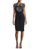 Short-Sleeve Illusion-Bodice Cocktail Dress