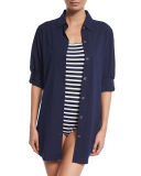 Crinkled-Cotton Boyfriend Coverup Shirt