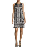 Sleeveless Silk Lace-Print Mini Dress, Black/White