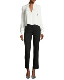 Cropped Silk Jersey V-Neck Shirt, White