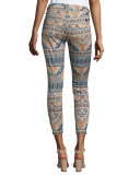 Moroccan-Print Skinny Cropped Jeans, Orange/Multi