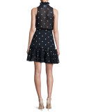 Sleeveless Polka Dot Silk Mini Dress, Navy Blue/White