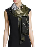 Printed Fil Coupe Scarf, Khaki