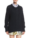 Marled Cable-Knit Long-Sleeve Cardigan, Navy