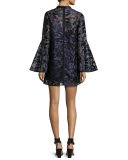 Coco Bell-Sleeve Metallic Cocktail Dress, Blue/Multicolor