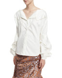Anna Beth Embroidered-Yoke Bishop-Sleeve Blouse, White