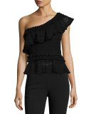 Ruffle Crochet High-Low Peplum Top, Black