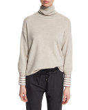 Striped-Trim Turtleneck Cashmere Sweater, Seasalt