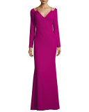 Long-Sleeve Stretch Crepe Gown, Pink