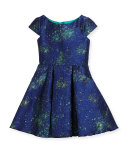 Cap-Sleeve Celestial Jacquard Fit-and-Flare Dress, Blue, Size 4-6