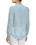 Button-Front Floral-Print Semisheer Blouse, Turquoise/Combo
