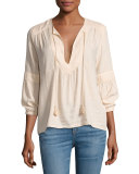 Tyron Split-Neck 3/4-Sleeve Top, Nude