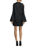 Bell-Sleeve Cold-Shoulder Dress, Navy