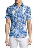 Watercolor Baroque Short-Sleeve Sport Shirt, Blue