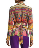 Ribbon-Print Tie-Waist Blouse, Red