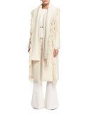 Fringe-Trim Wool-Blend Coat, Ivory