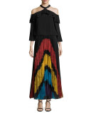 Romona Lace-Panel Plisse Maxi Skirt, Multicolor