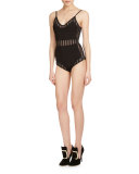 Sleeveless Striped-Inset Bodysuit, Black