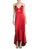 Sleeveless High-Low Satin Gown, Apple Red