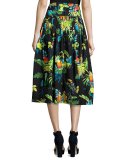 Belted Parrot-Print A-Line Midi Skirt, Black/Multi