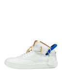 Men's 100mm Leather Mid-Top Sneaker, White Neon/Blue