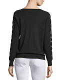 Long-Sleeve Embellished Lace Crewneck Sweater