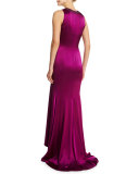Liquid Satin Beaded V-Neck Gown, Dark Fiore
