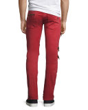 Distressed Zipper Moto Jeans, Red