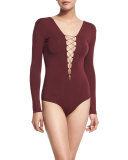 Long-Sleeve Lace-Up Jersey Bodysuit, Wine