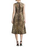 Sleeveless Leopard-Print Pleated Dress, Nero