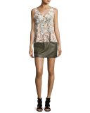 Tie-Front Lamb Leather Mini Skirt, Olive