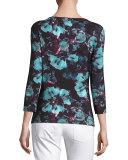 Floral Jersey Bateau-Neck 3/4-Sleeve Tee, Peacock/Multi