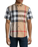 Fred Check Short-Sleeve Woven Shirt, Camel