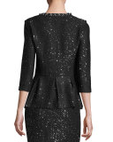 Sequined 3/4-Sleeve Peplum Jacket, Caviar